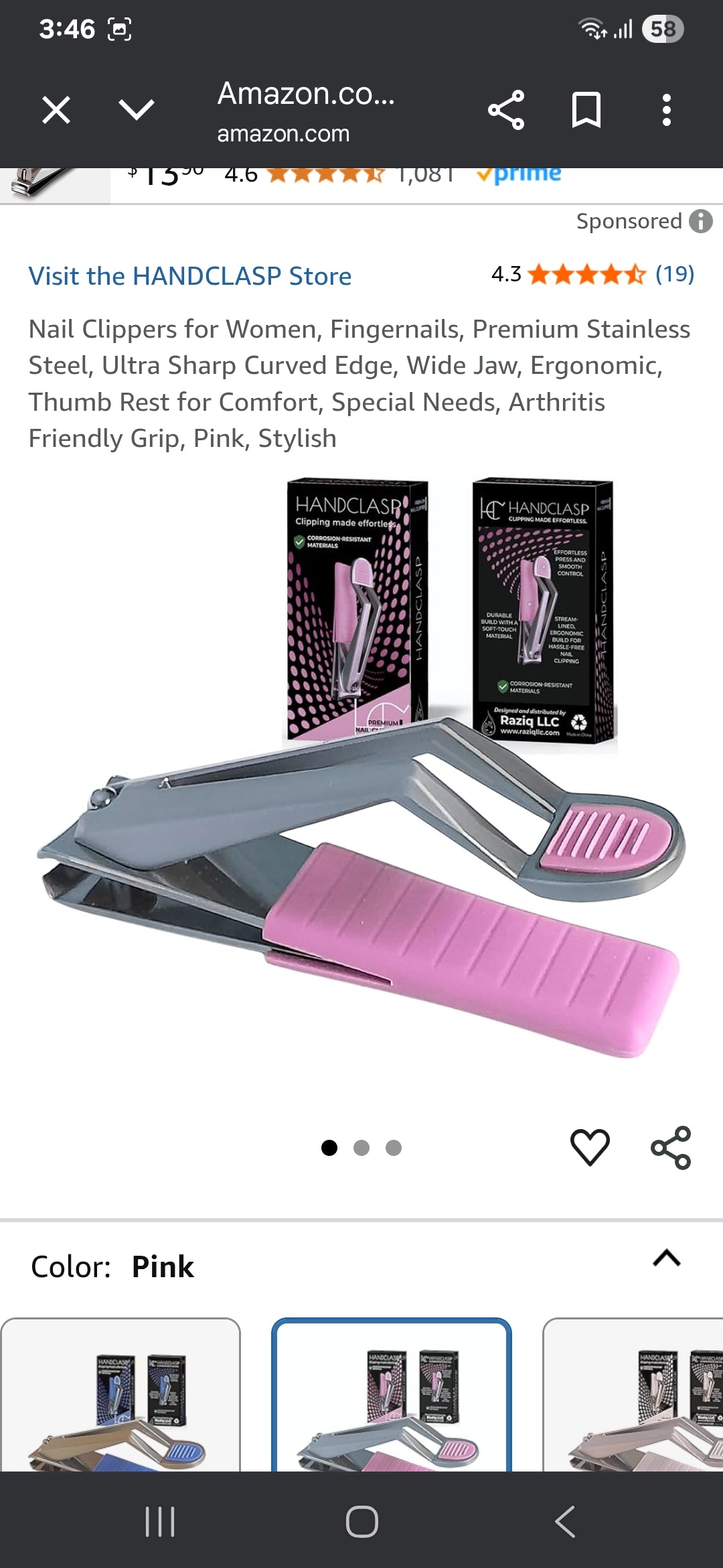 Nail Clippers, 2-in-1 Fingernails & Toenails, Premium Stainless Steel, Ultra Sharp Curved Edge, Wide Jaw, Ergonomic, Thumb Rest, Seniors, Adults, Women, Men, Special Needs, Arthritic Hands, pink